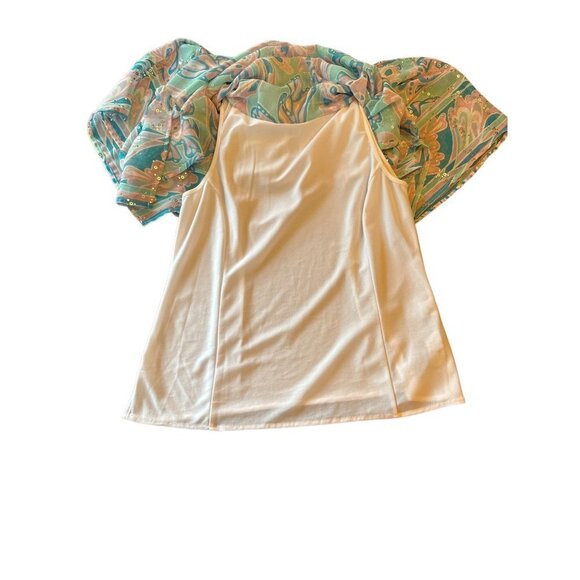 Bob Mackie Blue Pink Abstract Sequin Flutter Sleeve Top Size X Small - Picture 4 of 6